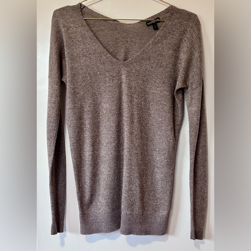 Express| Cozy Heathered Taupe V-Neck Longline Soft Sweater Sz XS